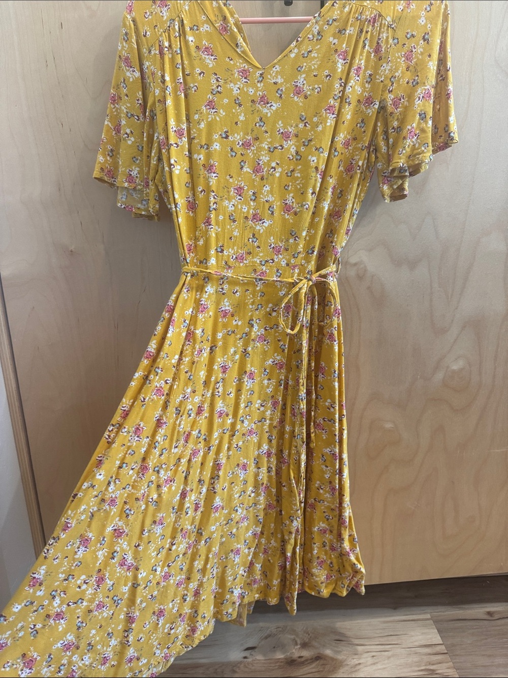 DownEast Mustard Yellow Floral Midi Dress with Tie Waist